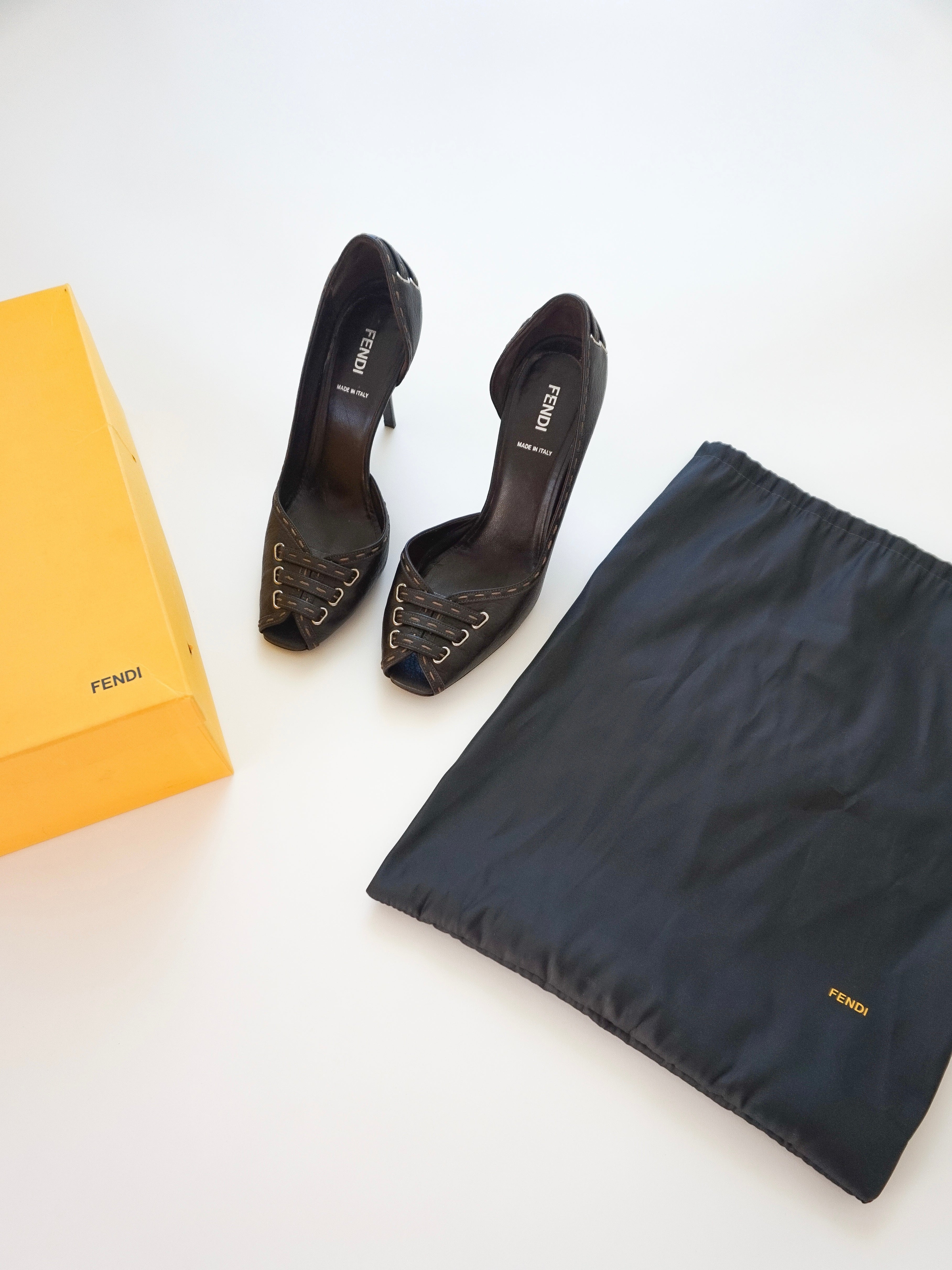 Fendi Dark Brown Contrast Stitch Leather D'Orsay Peep-Toe High Heels (US 8.5)