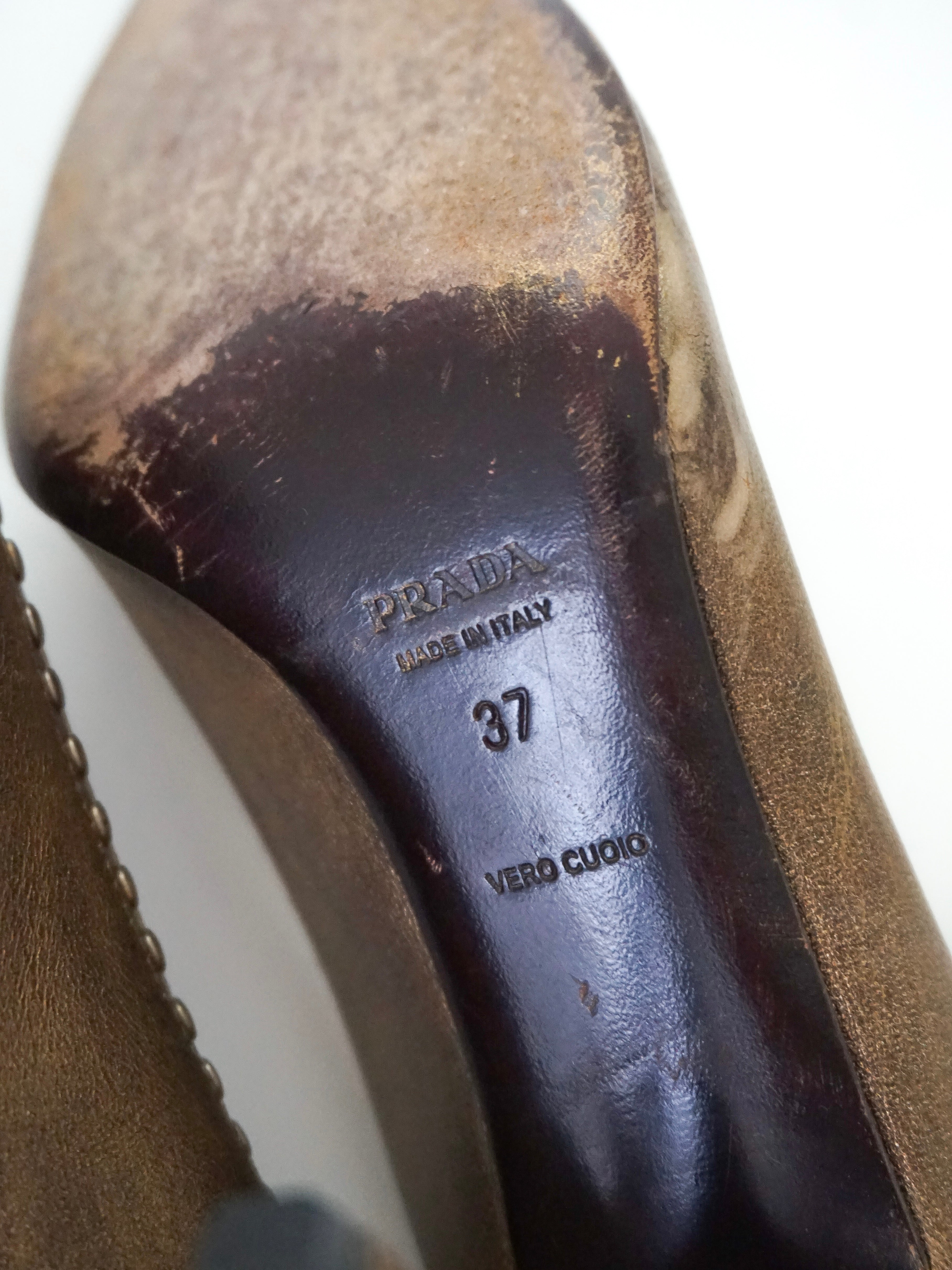 Vintage Prada Brown Bronze Gold Silver Studded Leather Pointed Toe High Heels (US 7)