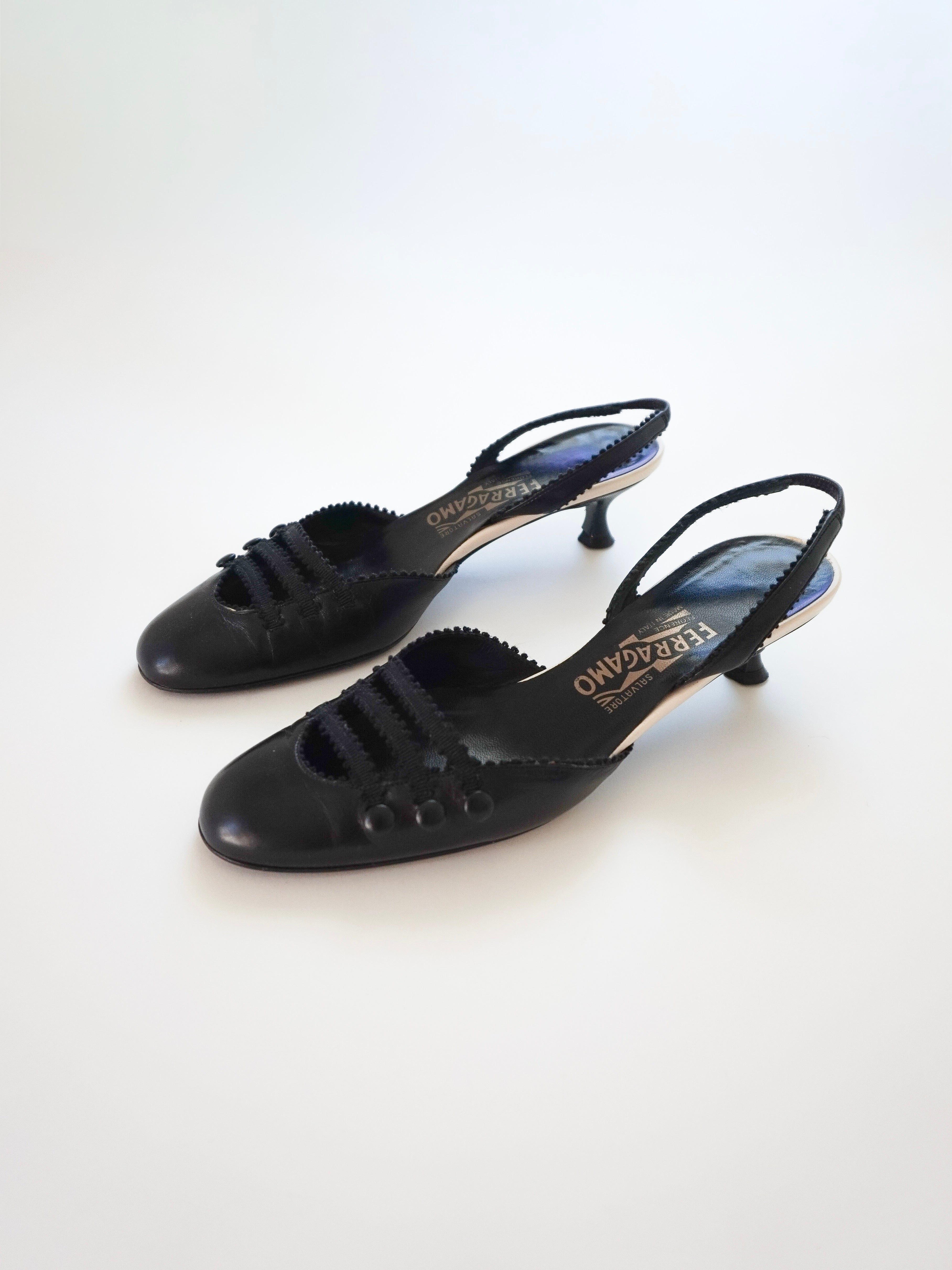 Salvatore Ferragamo Black White Mary Jane Strappy Leather Slingback Closed-Toe Kitten Heels (US 7 / US 7.5)