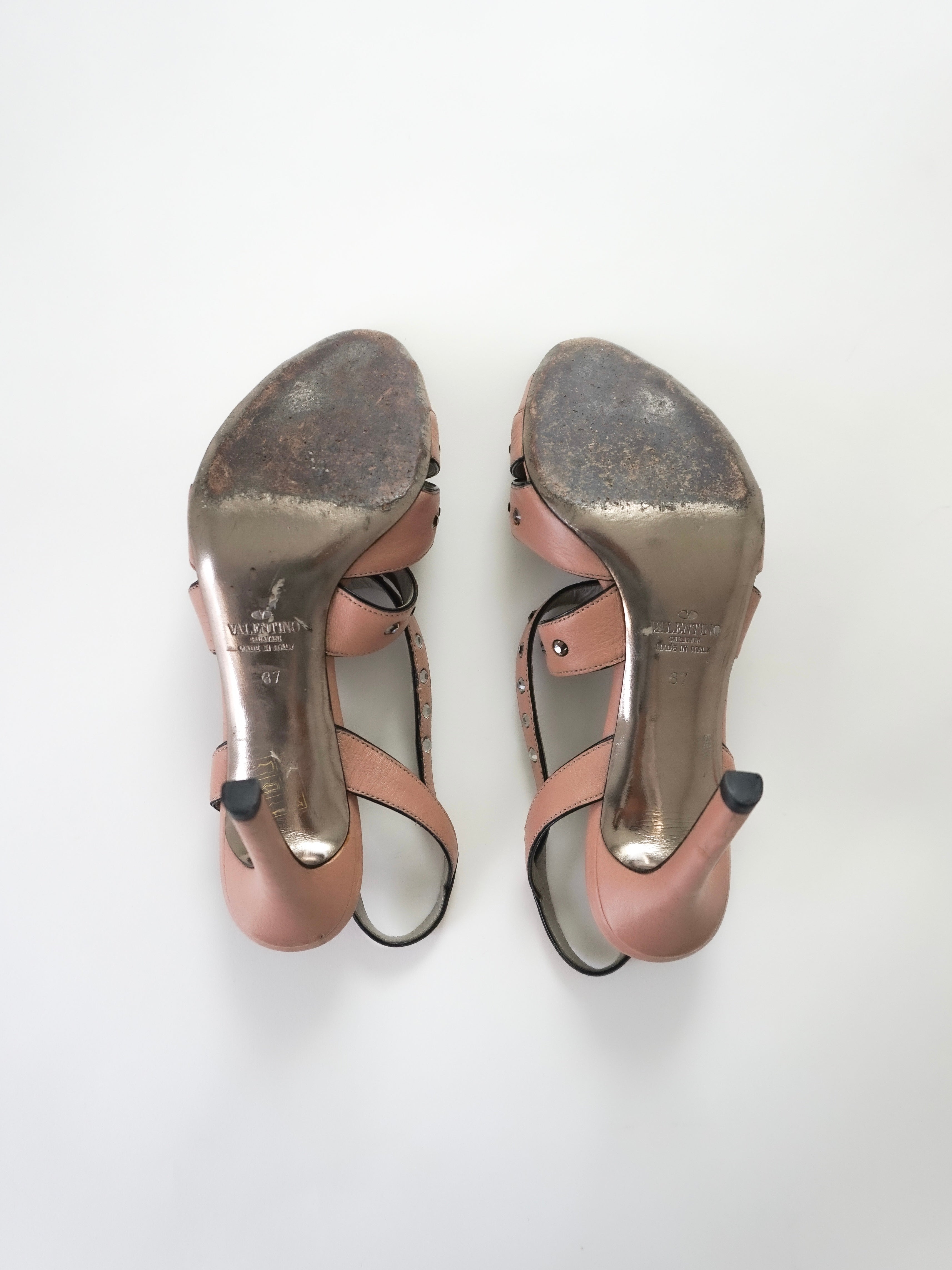 Valentino Garavani Blush Pink Crystal Rhinestones Leather Strappy Slingback Peep-Toe High Heels (US 6.5 / US 7)