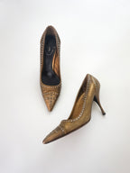 Vintage Prada Brown Bronze Gold Silver Studded Leather Pointed Toe High Heels (US 7)