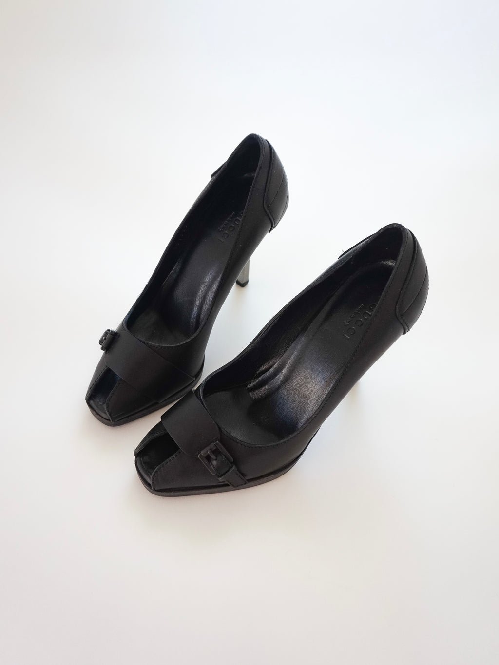 Gucci Black Leather Buckle Silver Heel Peep-Toe High Heels (US 6)