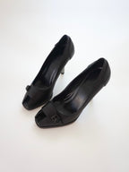 Gucci Black Leather Buckle Silver Heel Peep-Toe High Heels (US 6)