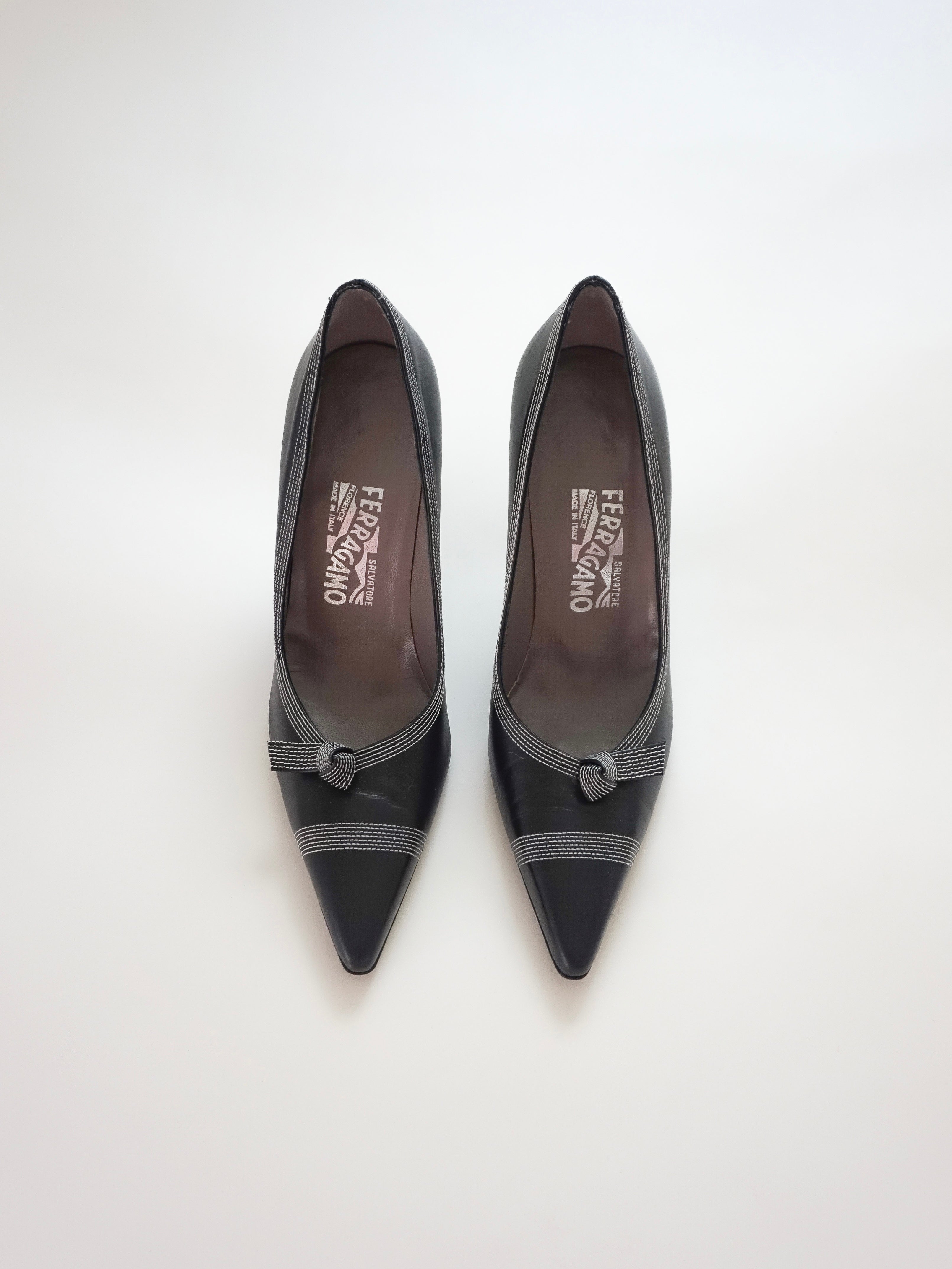 Vintage Salvatore Ferragamo Black White Contrast Stitch Leather Pointed Toe High Heels (US 6.5)