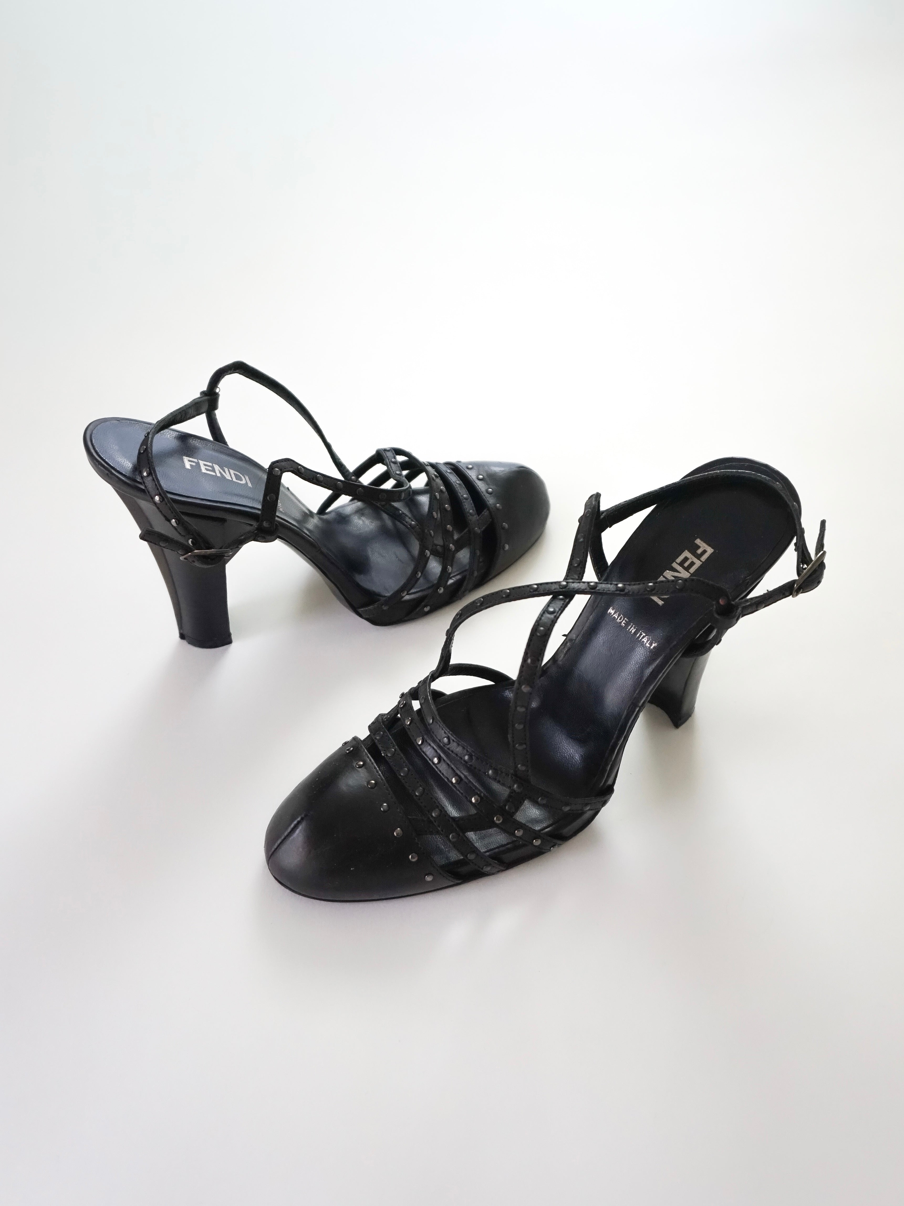 Fendi Black Leather Studded Strappy Slingback Round Closed-Toe Block High Heels (US 5.5 / US 6)