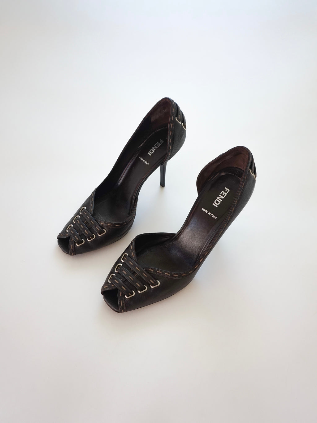 Fendi Dark Brown Contrast Stitch Leather D'Orsay Peep-Toe High Heels (US 8.5)