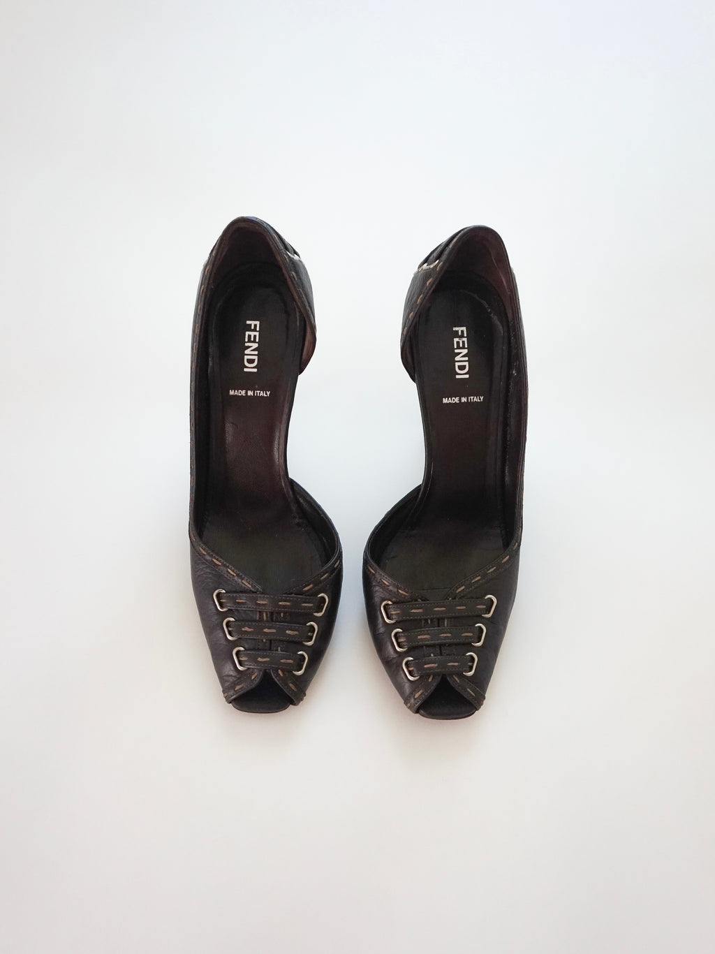 Fendi Dark Brown Contrast Stitch Leather D'Orsay Peep-Toe High Heels (US 8.5)