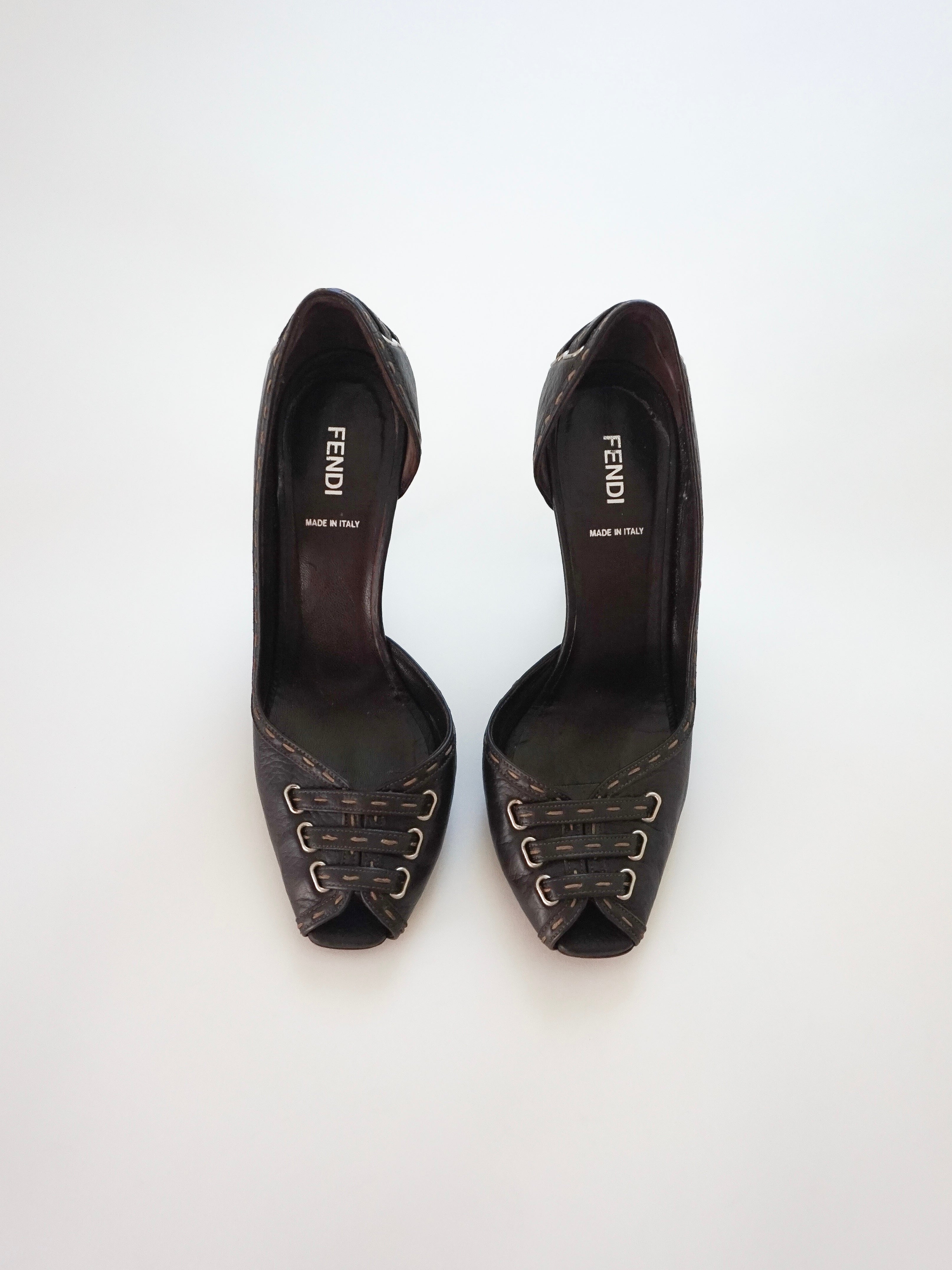 Fendi Dark Brown Contrast Stitch Leather D'Orsay Peep-Toe High Heels (US 8.5)
