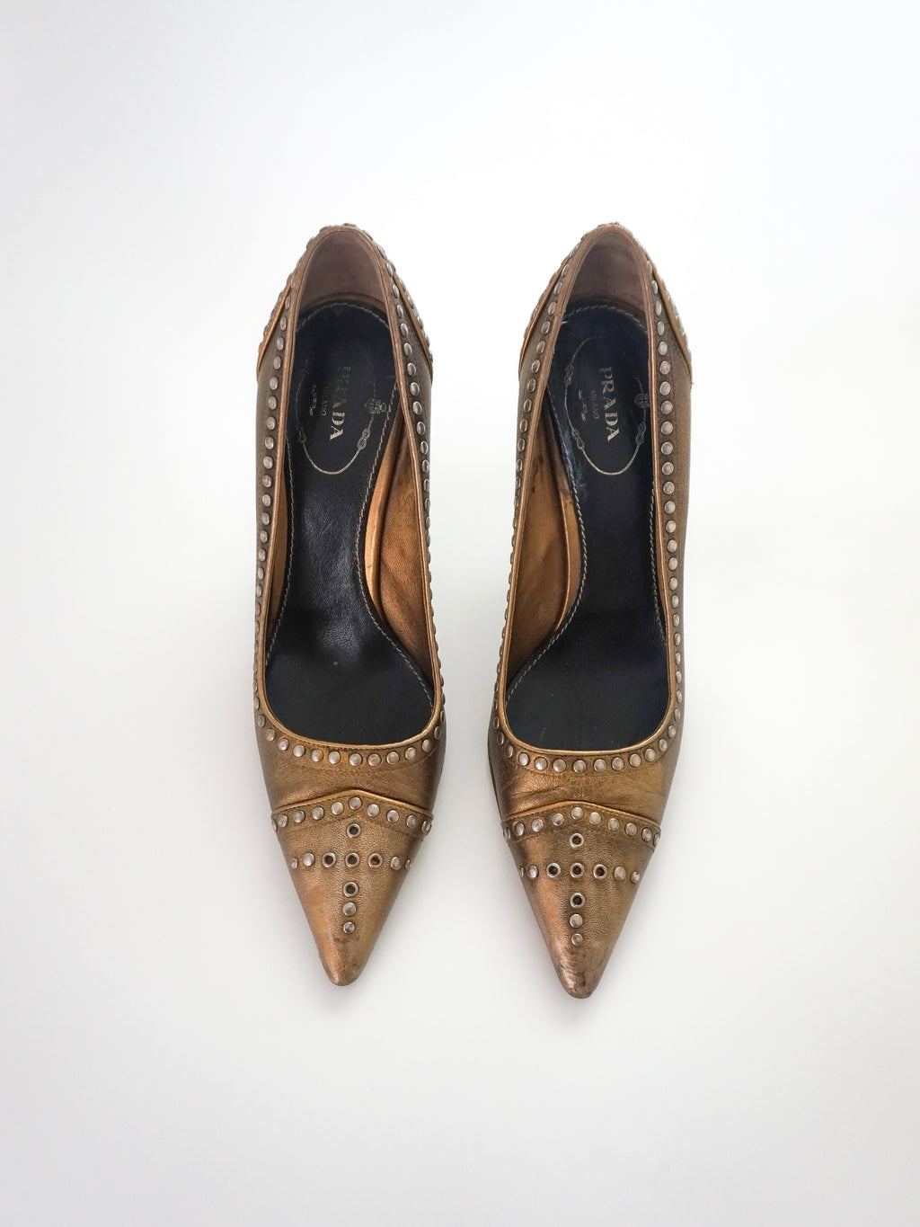 Vintage Prada Brown Bronze Gold Silver Studded Leather Pointed Toe High Heels (US 7)