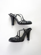 Fendi Black Leather Studded Strappy Slingback Round Closed-Toe Block High Heels (US 5.5 / US 6)