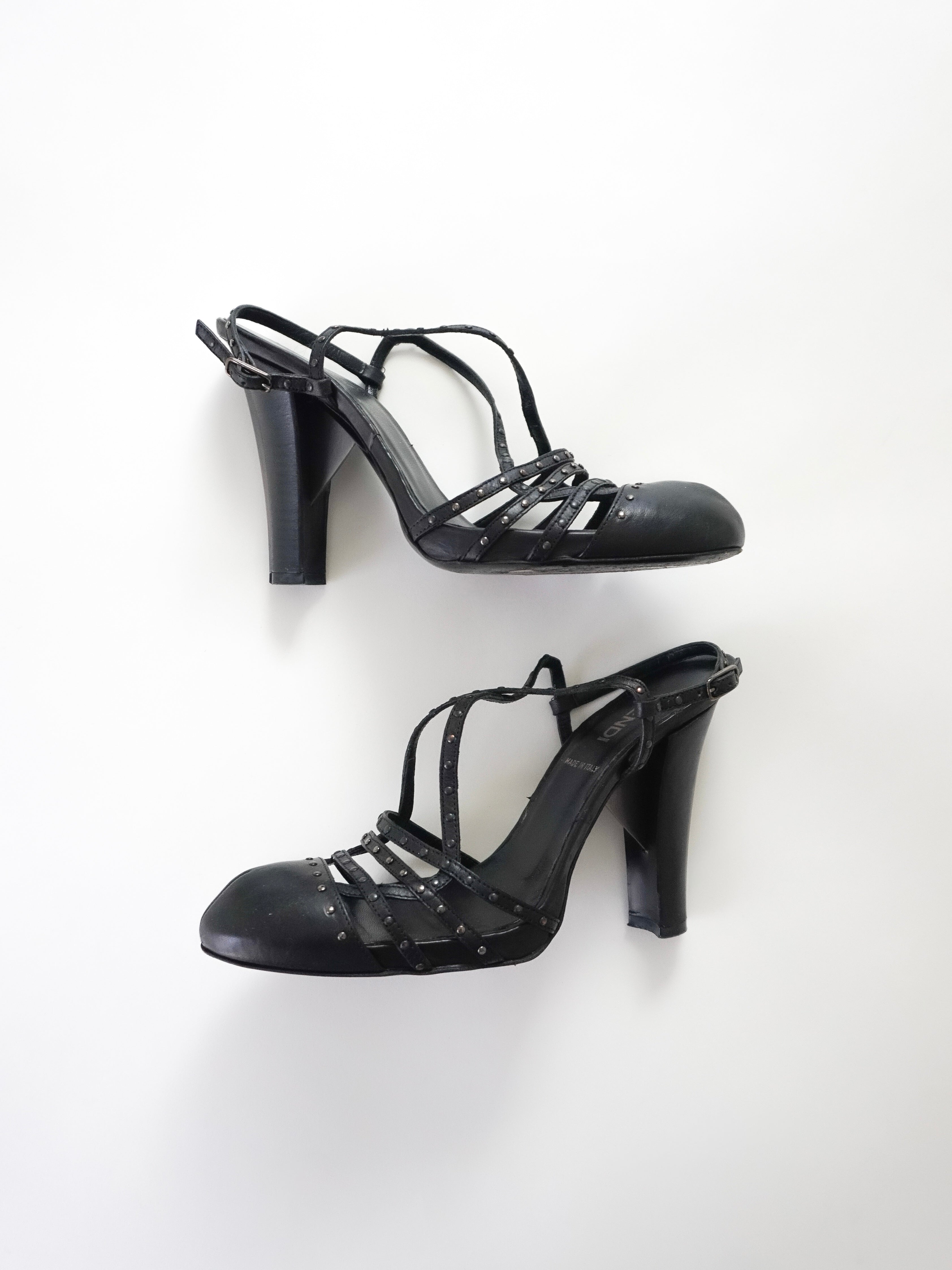 Fendi Black Leather Studded Strappy Slingback Round Closed-Toe Block High Heels (US 5.5 / US 6)