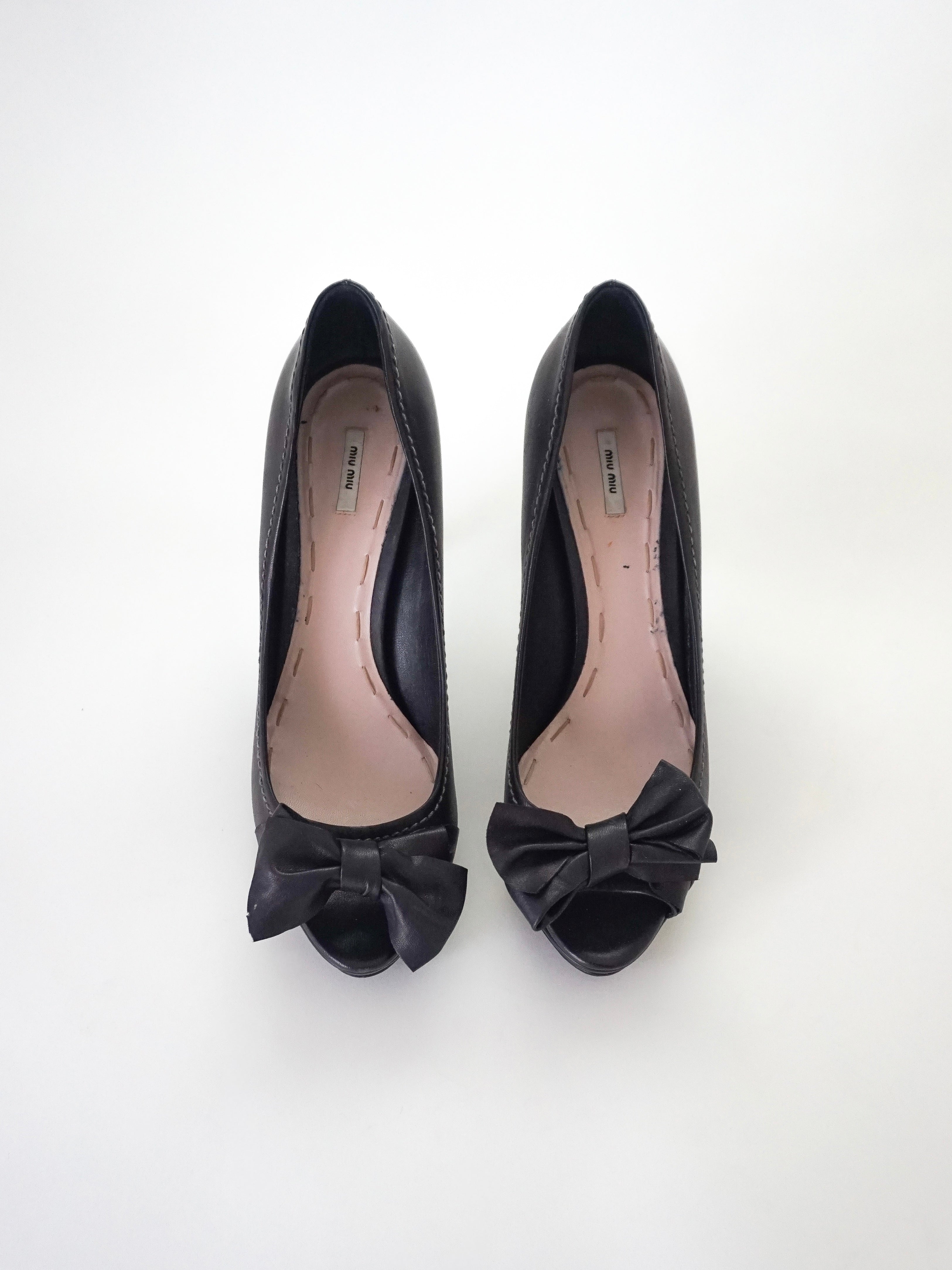 Miu Miu Black Leather Bow Platform Peep-Toe High Heels (US 9.5 / US 9)