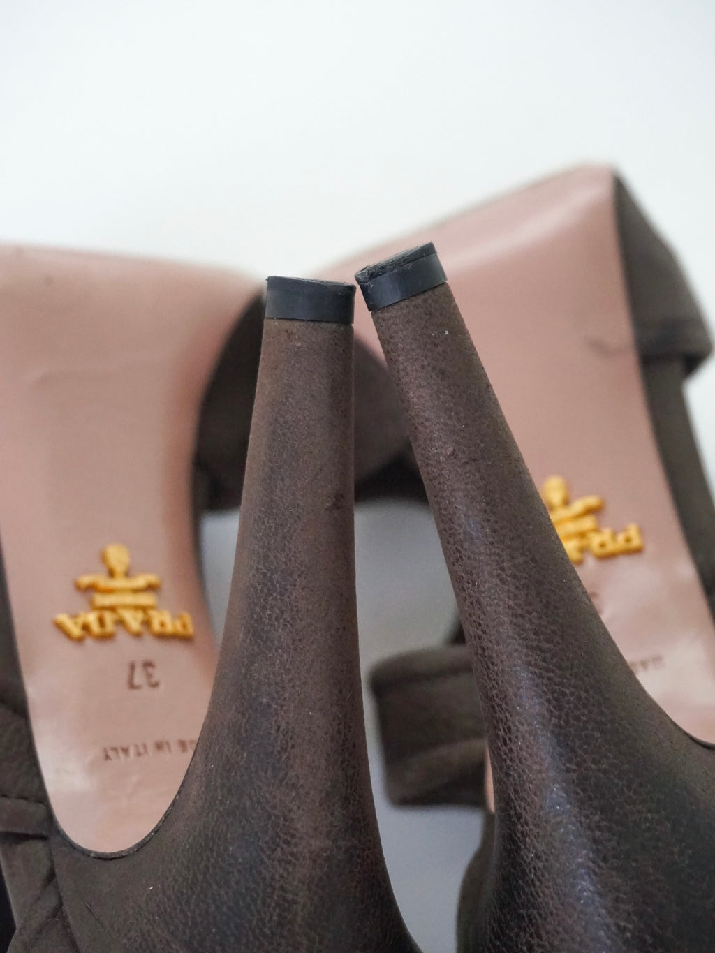 Prada Dark Brown T-Strap Buckle Leather Zip-Up Peep-Toe High Heels (US 6.5 / US 7)