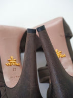 Prada Dark Brown T-Strap Buckle Leather Zip-Up Peep-Toe High Heels (US 6.5 / US 7)