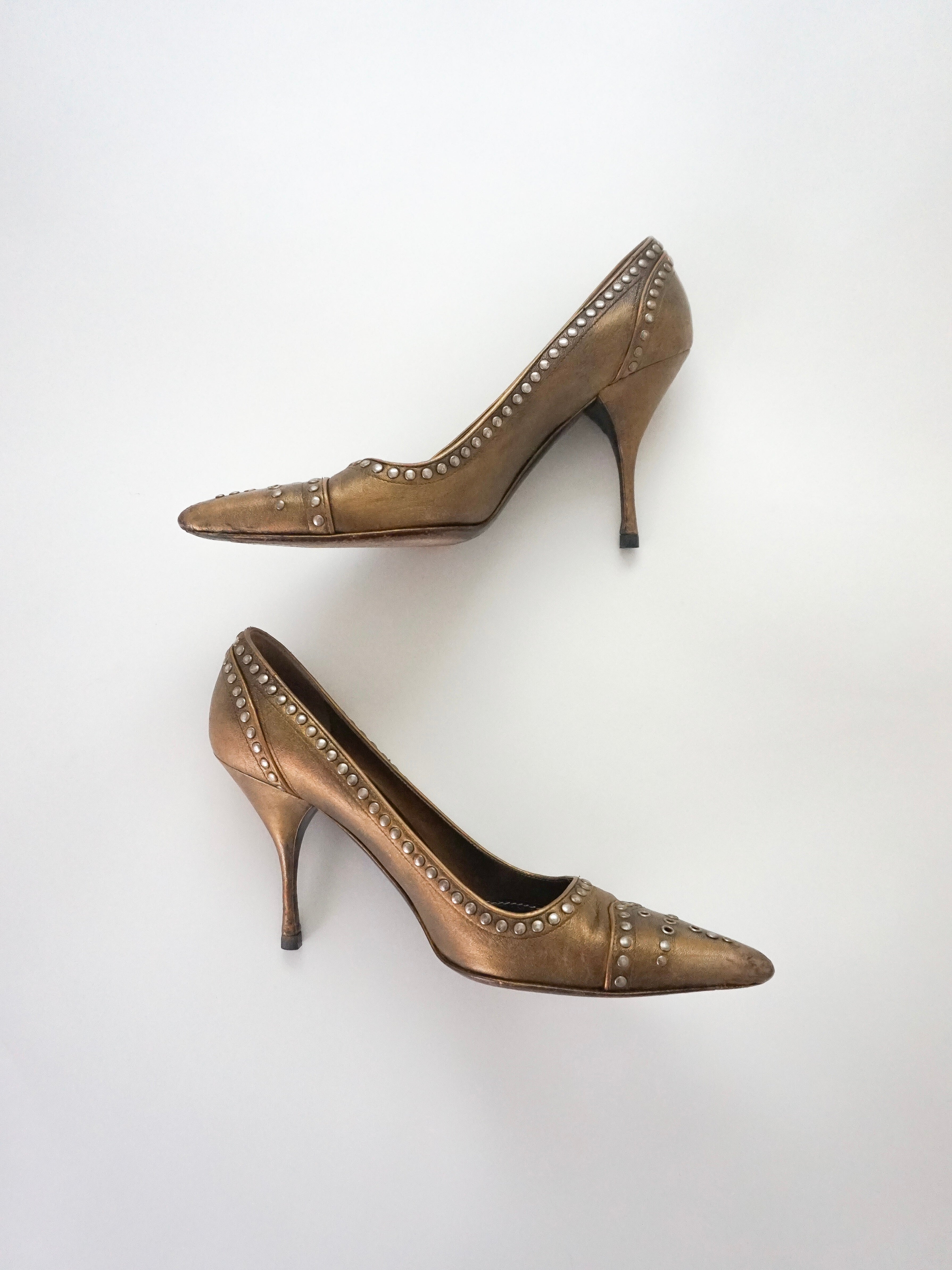 Vintage Prada Brown Bronze Gold Silver Studded Leather Pointed Toe High Heels (US 7)