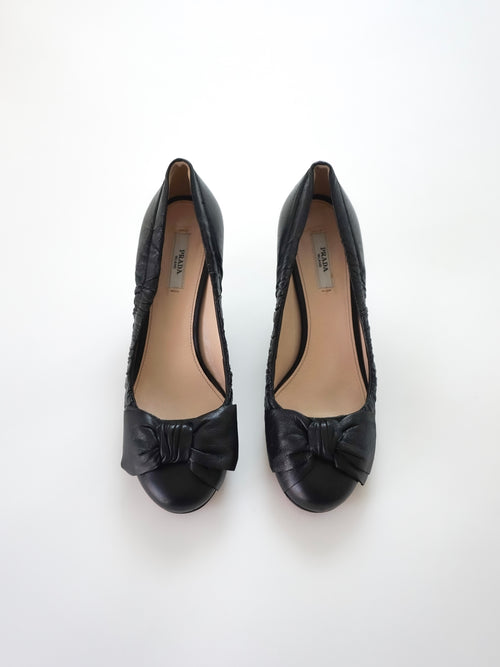 Prada Black Leather Bow Detail Round Closed-Toe Mid Heels (US 6)