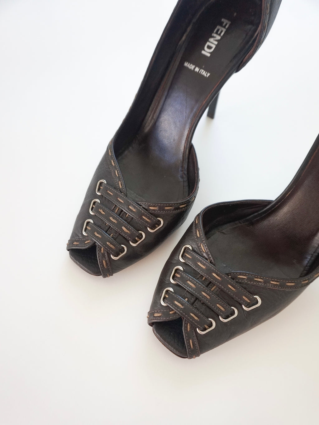 Fendi Dark Brown Contrast Stitch Leather D'Orsay Peep-Toe High Heels (US 8.5)