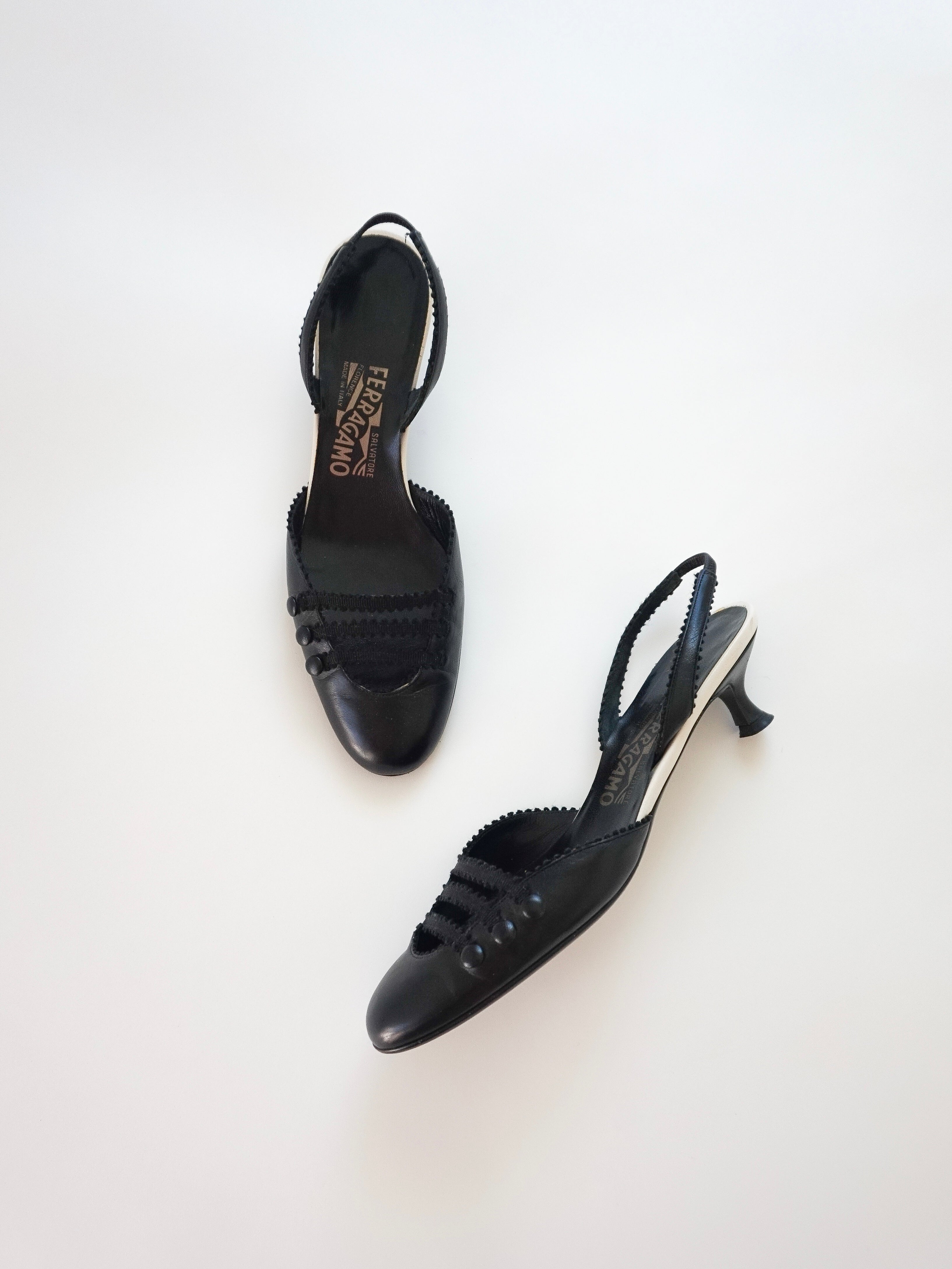 Salvatore Ferragamo Black White Mary Jane Strappy Leather Slingback Closed-Toe Kitten Heels (US 7 / US 7.5)