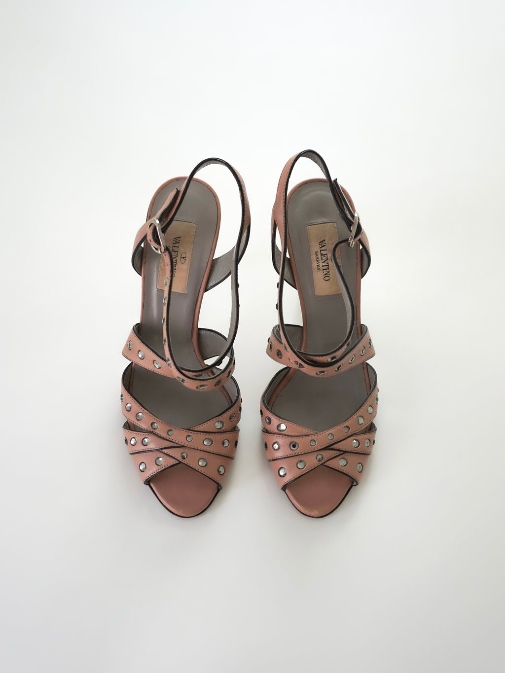 Valentino Garavani Blush Pink Crystal Rhinestones Leather Strappy Slingback Peep-Toe High Heels (US 6.5 / US 7)