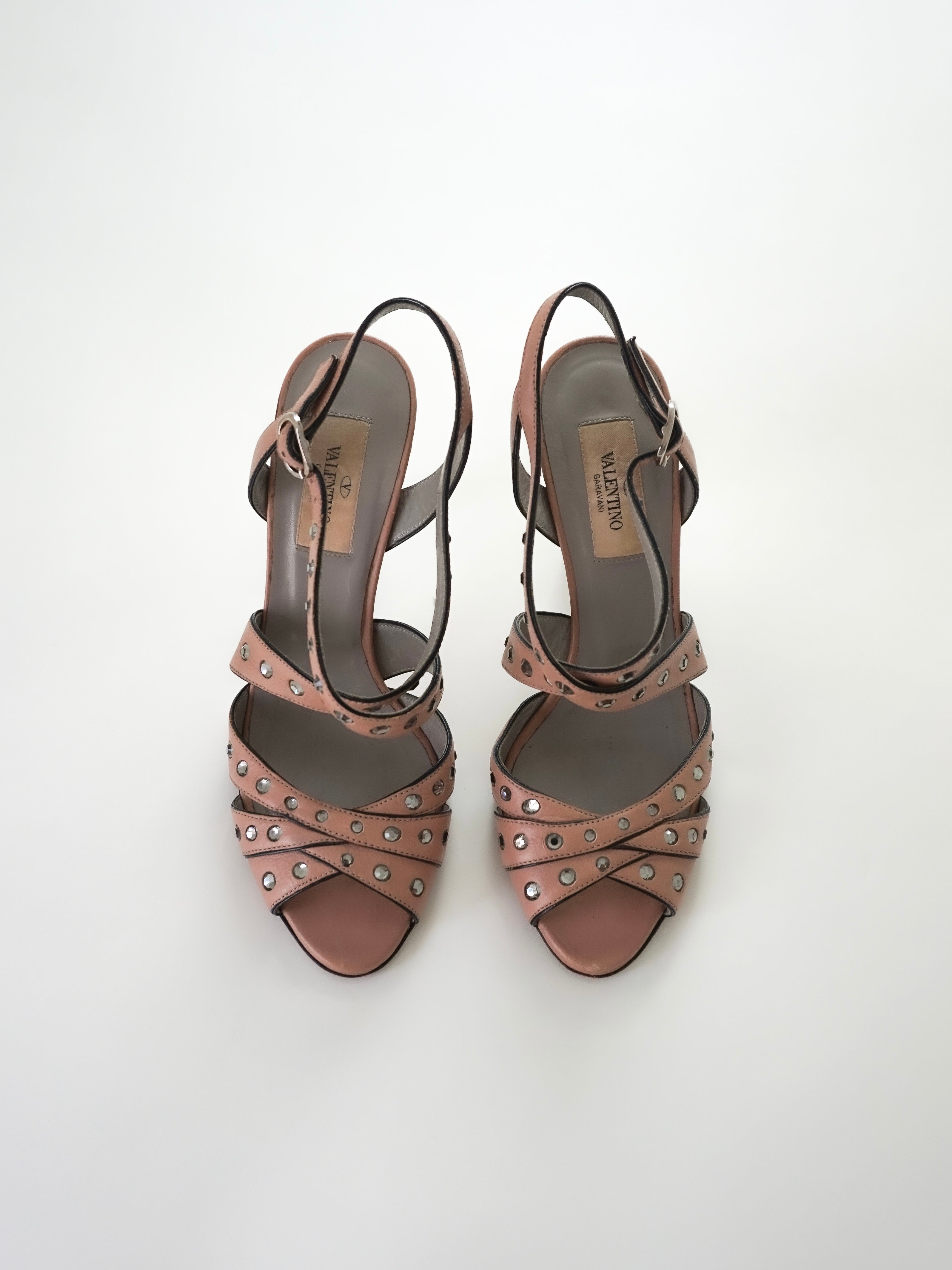 Valentino Garavani Blush Pink Crystal Rhinestones Leather Strappy Slingback Peep-Toe High Heels (US 6.5 / US 7)