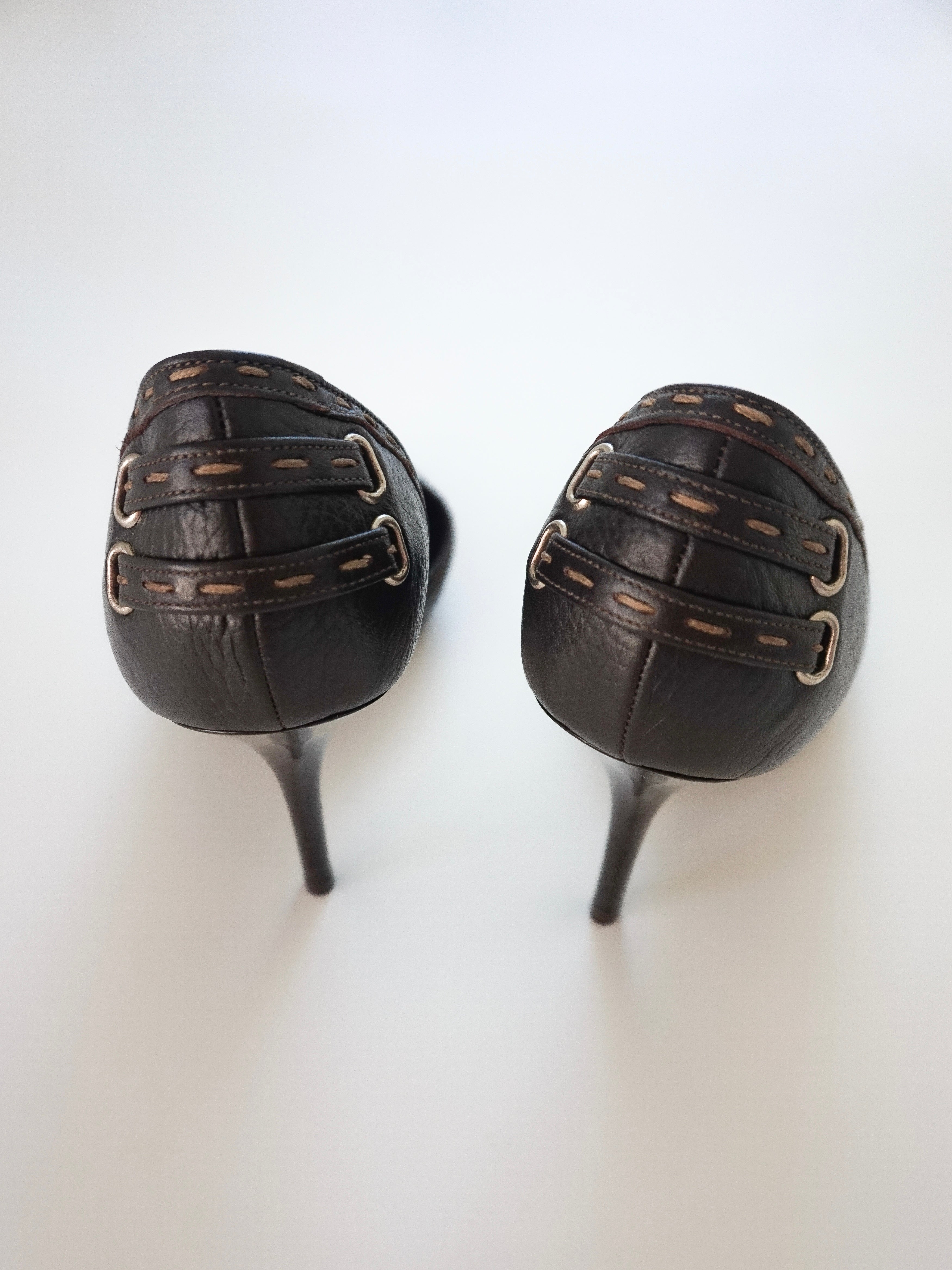 Fendi Dark Brown Contrast Stitch Leather D'Orsay Peep-Toe High Heels (US 8.5)