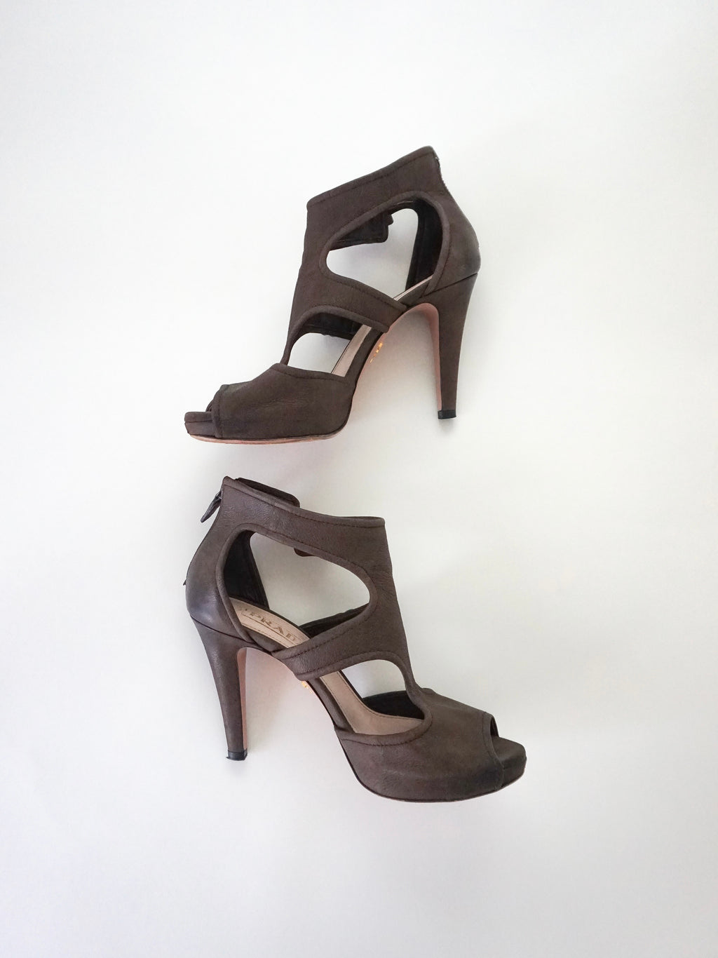 Prada Dark Brown T-Strap Buckle Leather Zip-Up Peep-Toe High Heels (US 6.5 / US 7)