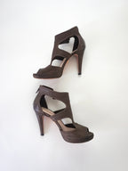 Prada Dark Brown T-Strap Buckle Leather Zip-Up Peep-Toe High Heels (US 6.5 / US 7)
