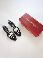 Salvatore Ferragamo Black White Mary Jane Strappy Leather Slingback Closed-Toe Kitten Heels (US 7 / US 7.5)