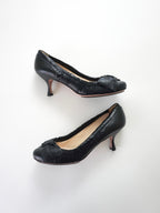 Prada Black Leather Bow Detail Round Closed-Toe Mid Heels (US 6)