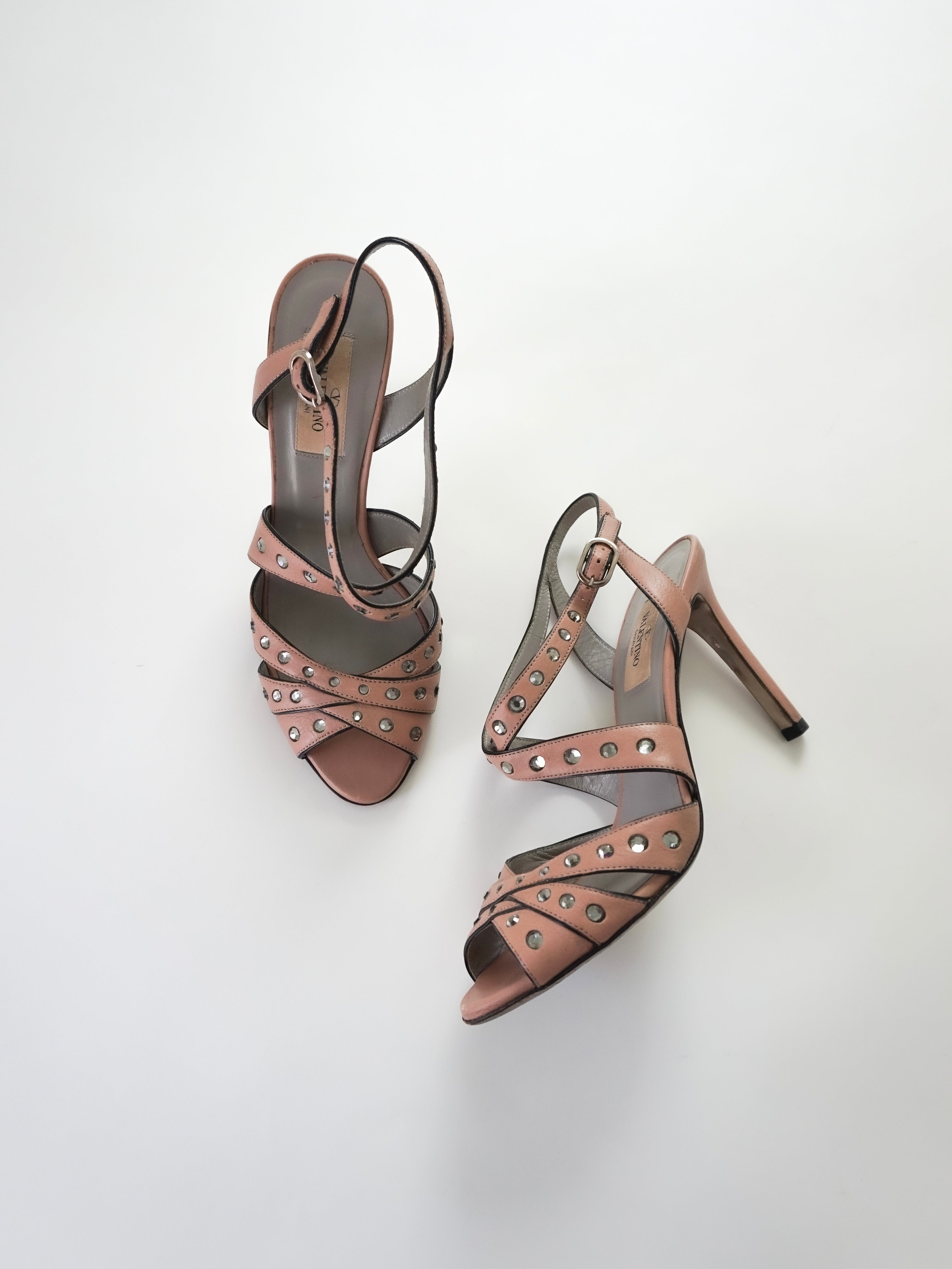 Valentino Garavani Blush Pink Crystal Rhinestones Leather Strappy Slingback Peep-Toe High Heels (US 6.5 / US 7)