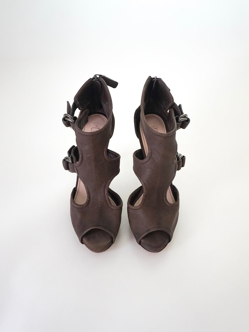 Prada Dark Brown T-Strap Buckle Leather Zip-Up Peep-Toe High Heels (US 6.5 / US 7)