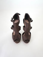 Prada Dark Brown T-Strap Buckle Leather Zip-Up Peep-Toe High Heels (US 6.5 / US 7)