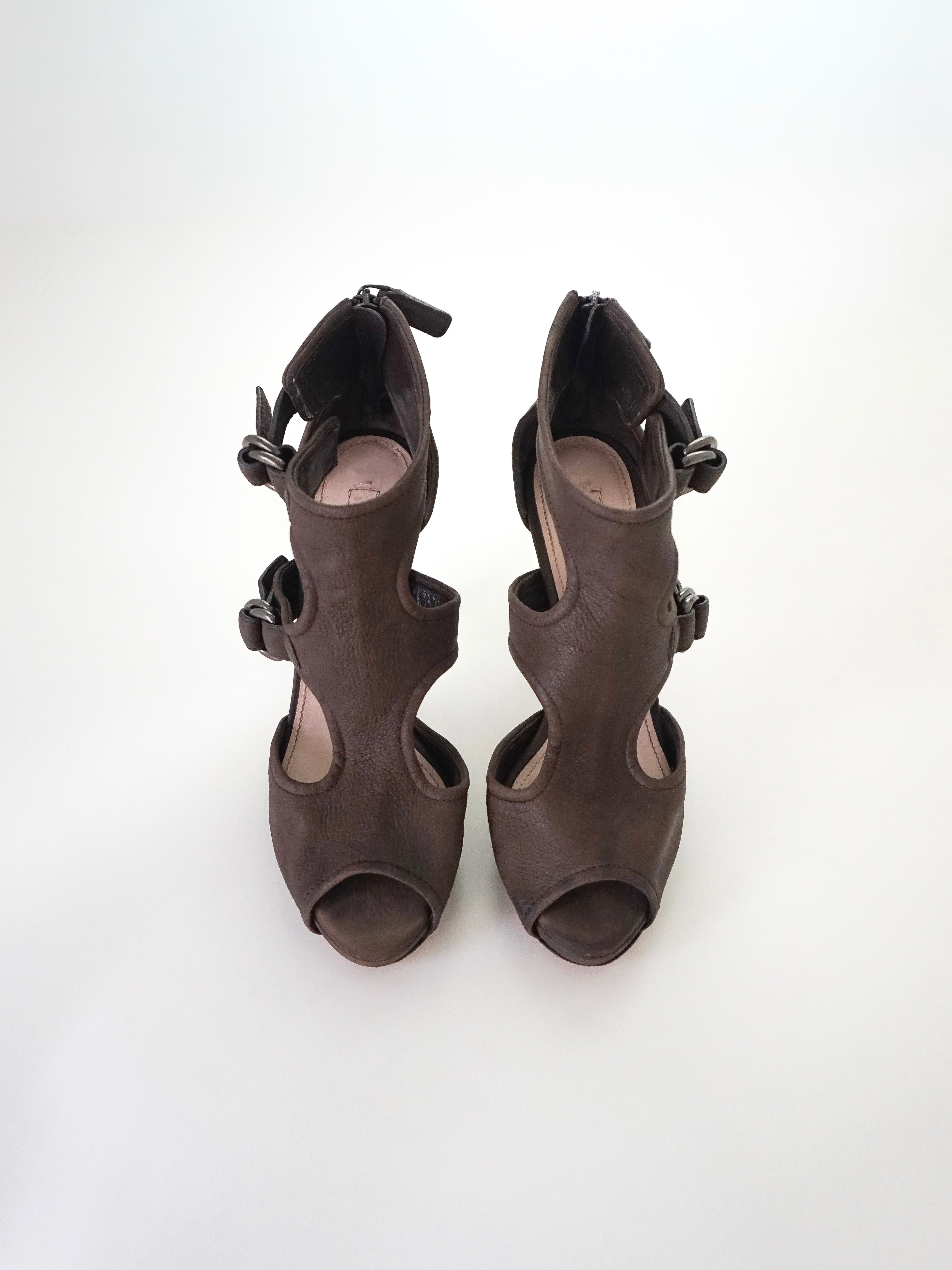 Prada Dark Brown T-Strap Buckle Leather Zip-Up Peep-Toe High Heels (US 6.5 / US 7)