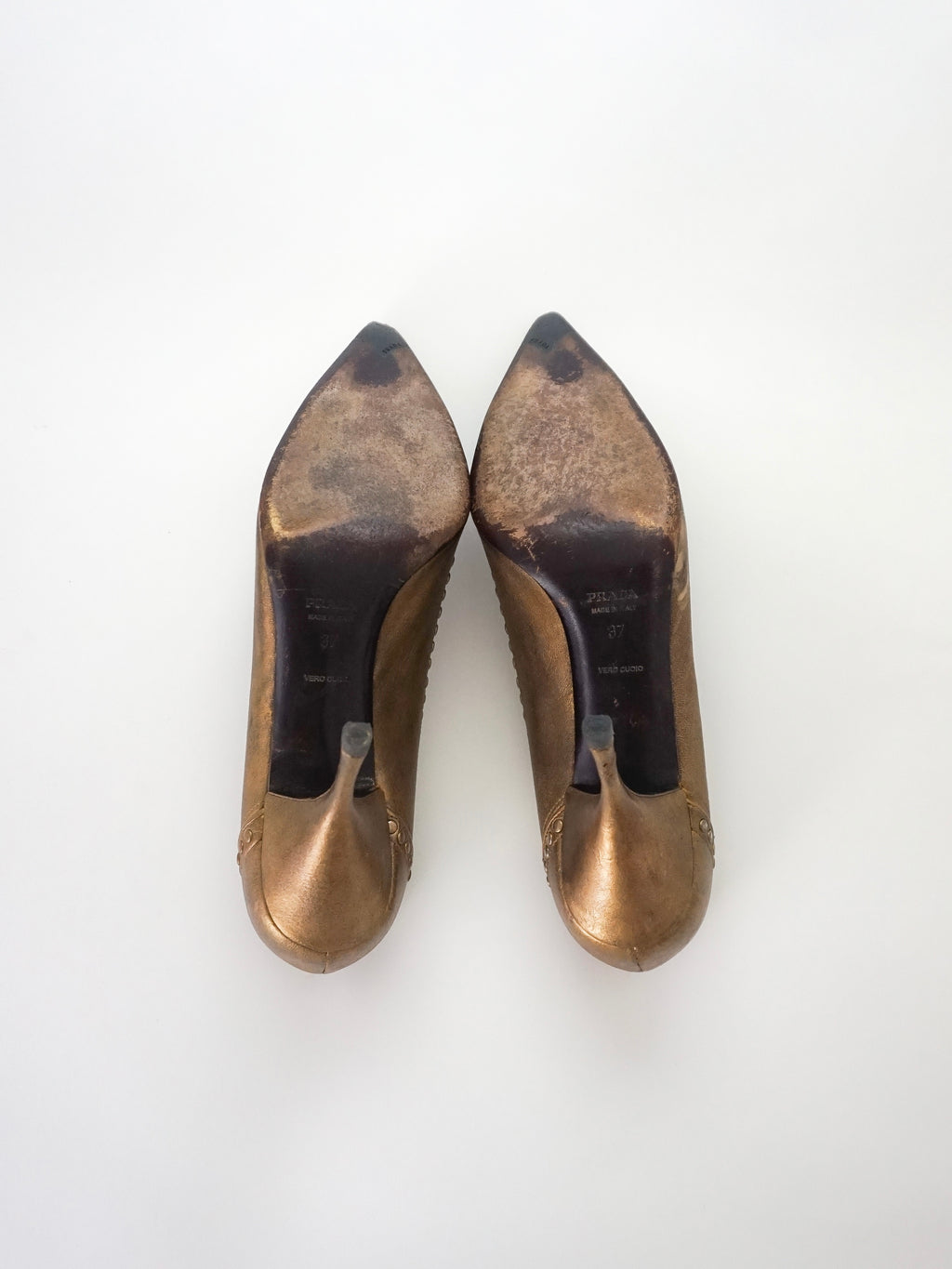 Vintage Prada Brown Bronze Gold Silver Studded Leather Pointed Toe High Heels (US 7)