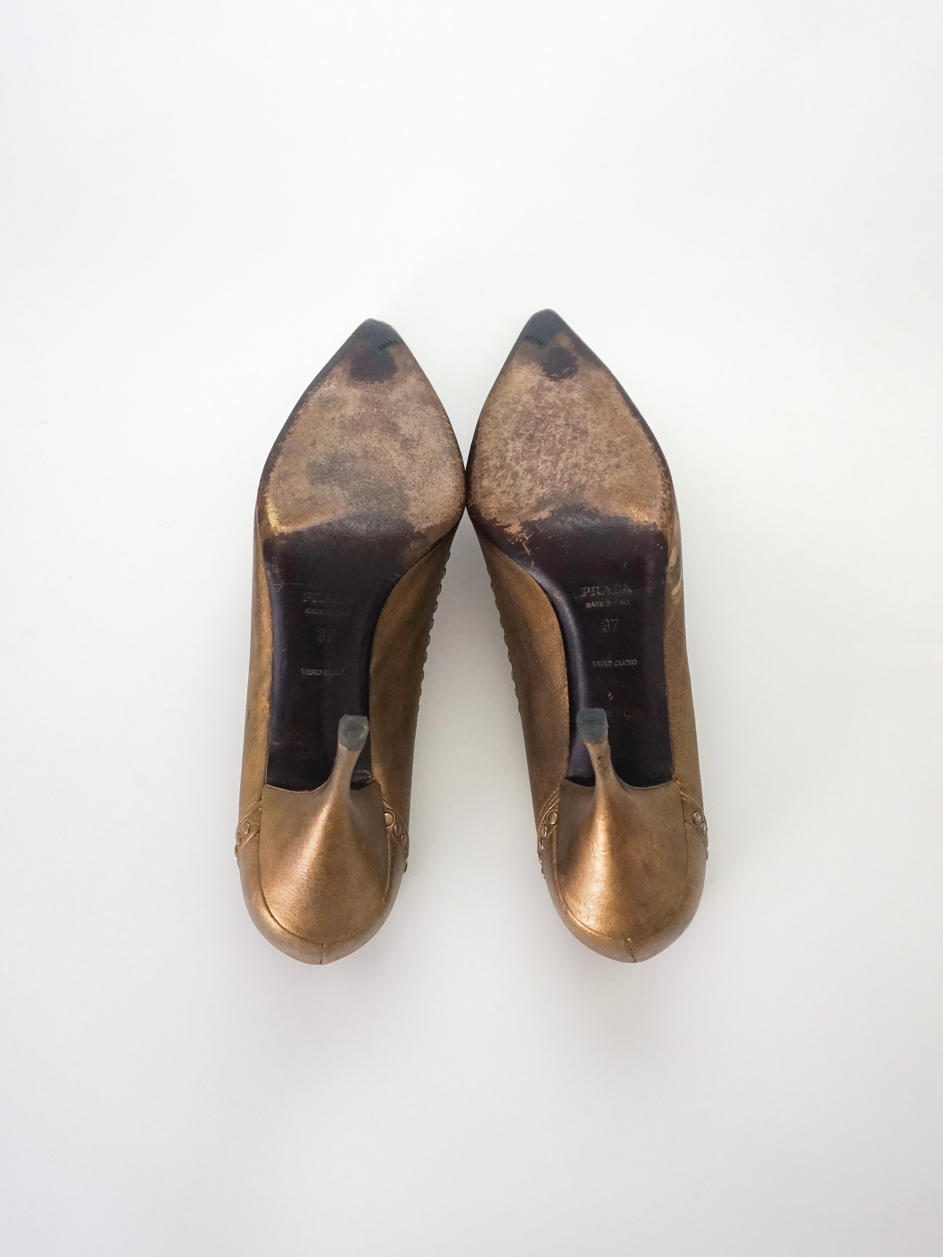 Vintage Prada Brown Bronze Gold Silver Studded Leather Pointed Toe High Heels (US 7)