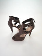 Prada Dark Brown T-Strap Buckle Leather Zip-Up Peep-Toe High Heels (US 6.5 / US 7)