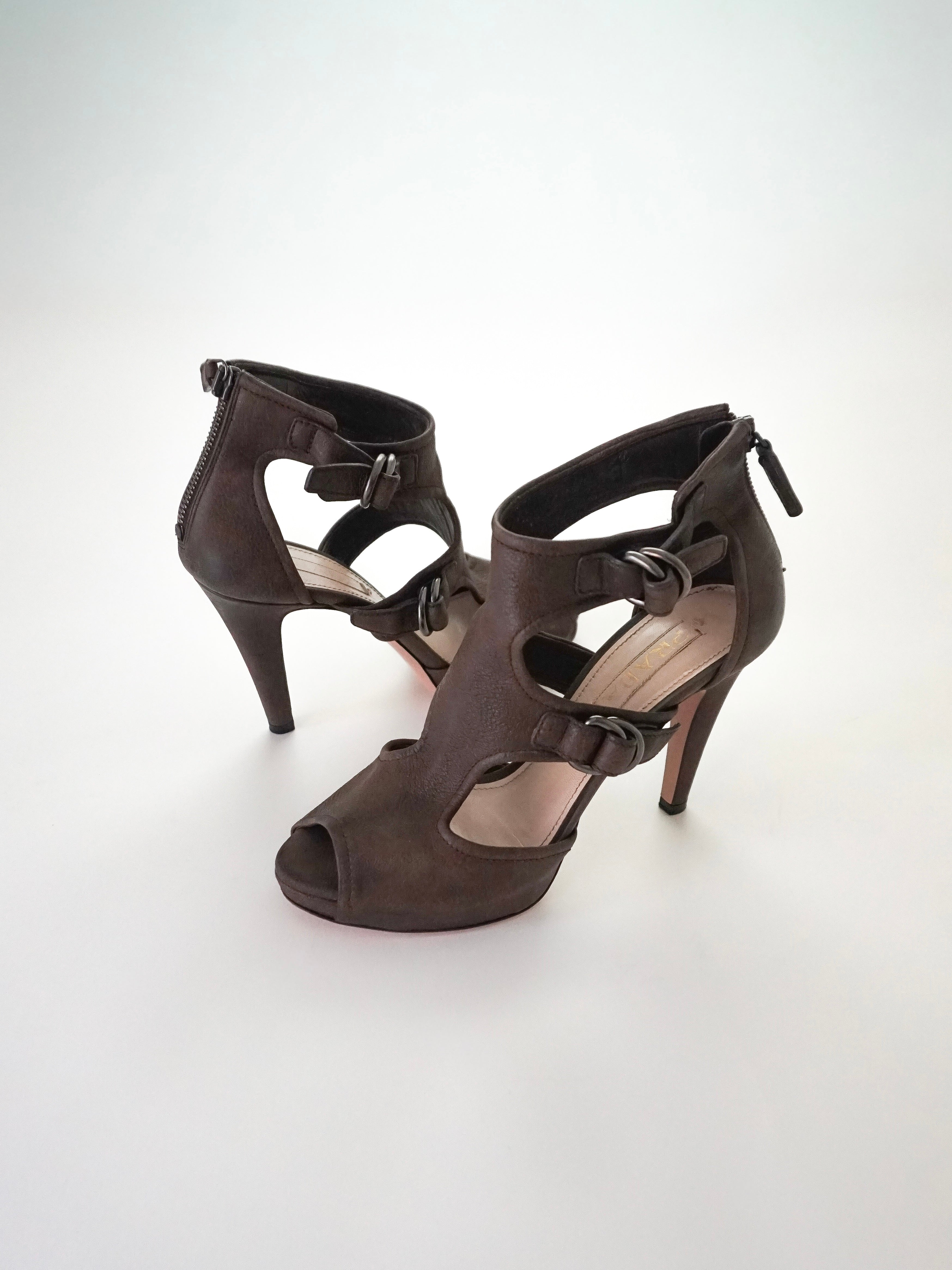 Prada Dark Brown T-Strap Buckle Leather Zip-Up Peep-Toe High Heels (US 6.5 / US 7)