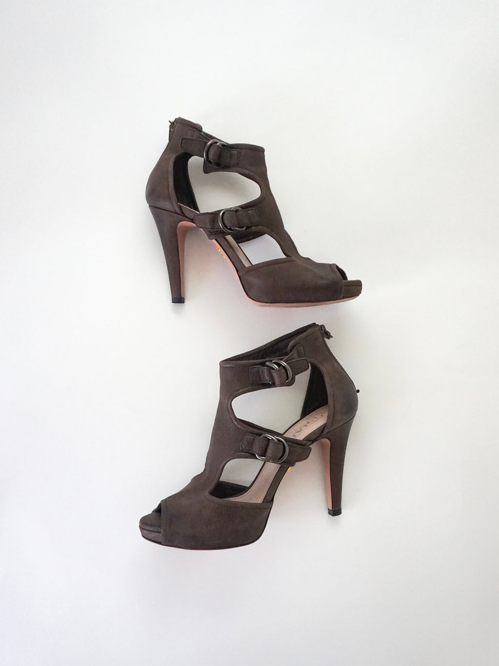 Prada Dark Brown T-Strap Buckle Leather Zip-Up Peep-Toe High Heels (US 6.5 / US 7)