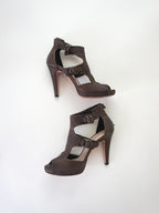 Prada Dark Brown T-Strap Buckle Leather Zip-Up Peep-Toe High Heels (US 6.5 / US 7)