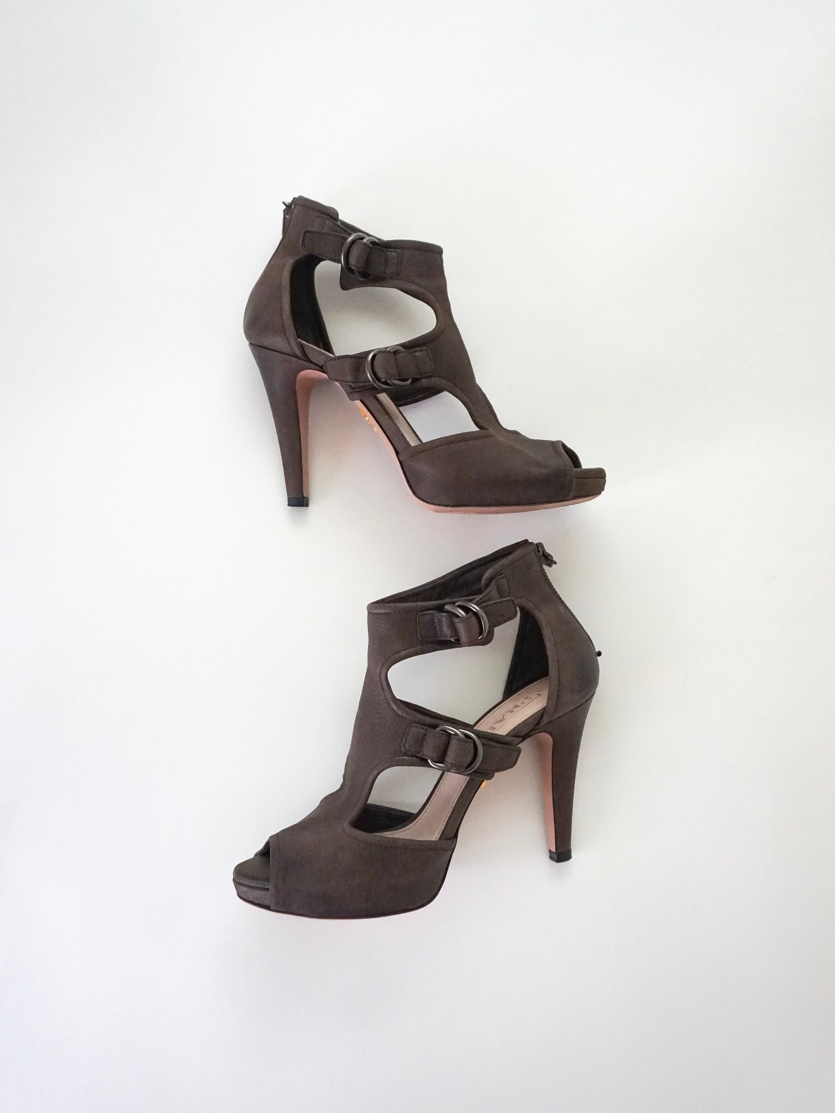 Prada Dark Brown T-Strap Buckle Leather Zip-Up Peep-Toe High Heels (US 6.5 / US 7)