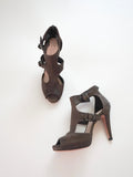 Prada Dark Brown T-Strap Buckle Leather Zip-Up Peep-Toe High Heels (US 6.5 / US 7)
