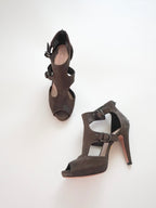 Prada Dark Brown T-Strap Buckle Leather Zip-Up Peep-Toe High Heels (US 6.5 / US 7)
