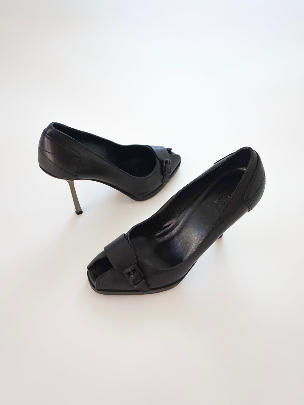 Gucci Black Leather Buckle Silver Heel Peep-Toe High Heels (US 6)