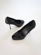 Gucci Black Leather Buckle Silver Heel Peep-Toe High Heels (US 6)