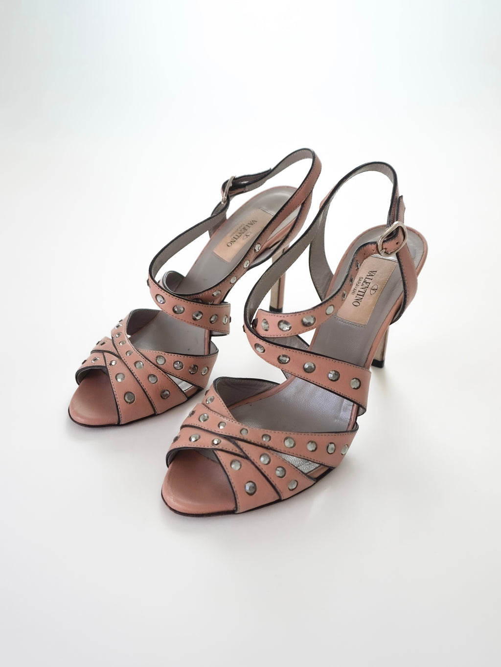 Valentino Garavani Blush Pink Crystal Rhinestones Leather Strappy Slingback Peep-Toe High Heels (US 6.5 / US 7)