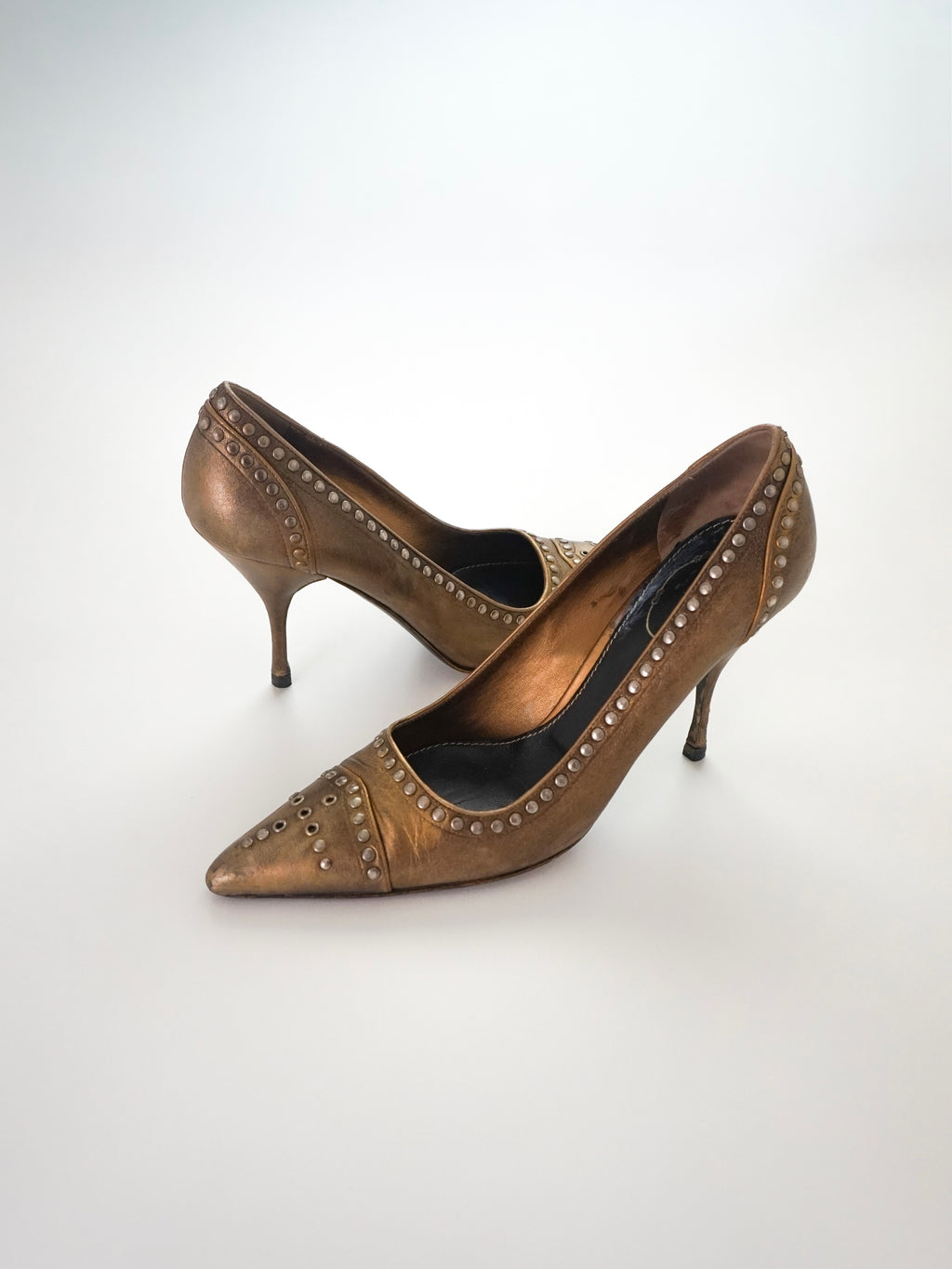 Vintage Prada Brown Bronze Gold Silver Studded Leather Pointed Toe High Heels (US 7)