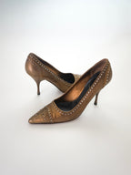 Vintage Prada Brown Bronze Gold Silver Studded Leather Pointed Toe High Heels (US 7)