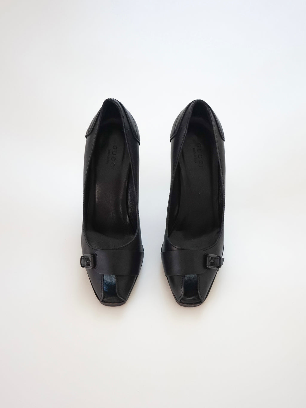 Gucci Black Leather Buckle Silver Heel Peep-Toe High Heels (US 6)