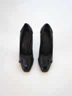 Gucci Black Leather Buckle Silver Heel Peep-Toe High Heels (US 6)