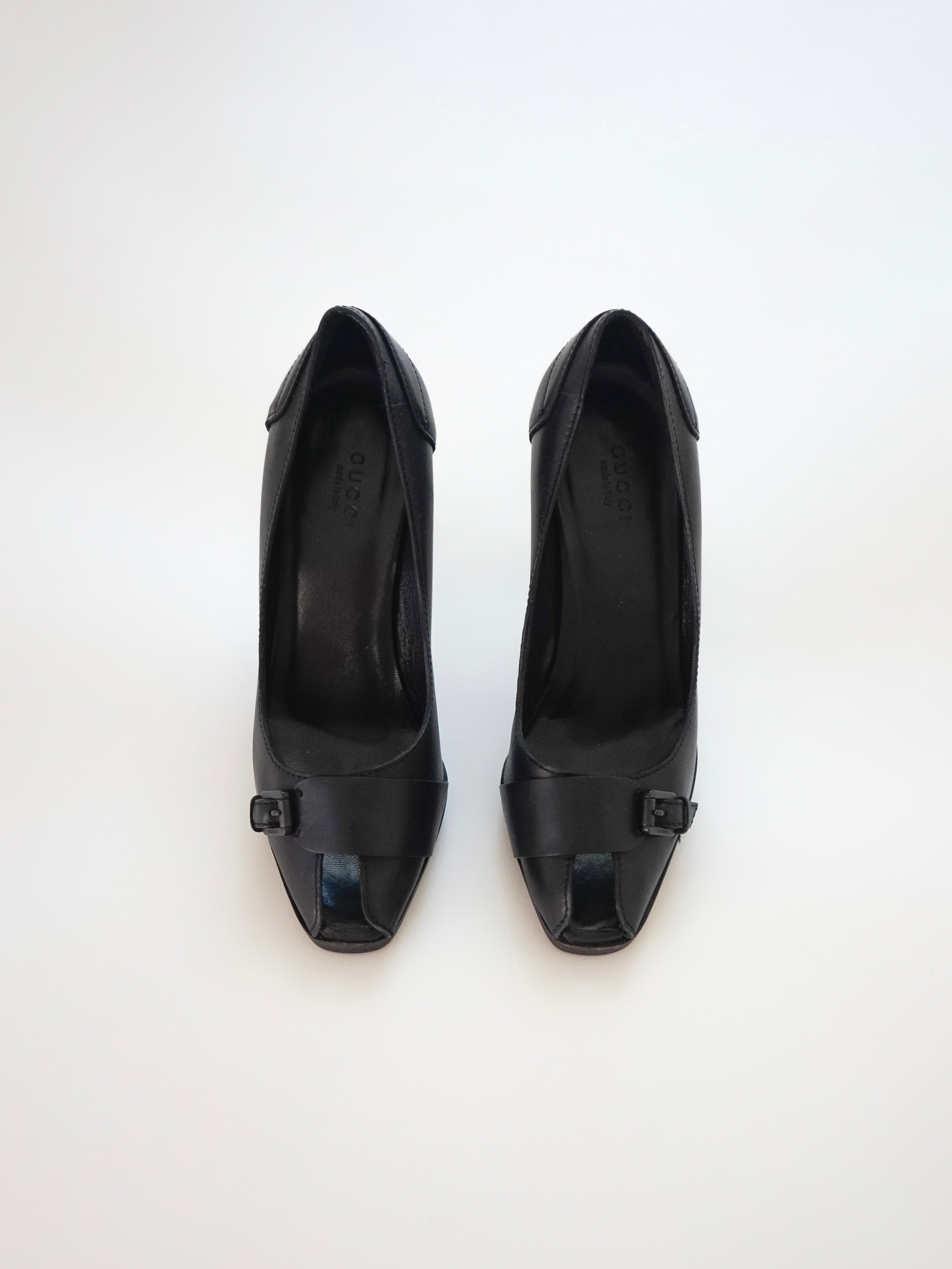 Gucci Black Leather Buckle Silver Heel Peep-Toe High Heels (US 6)